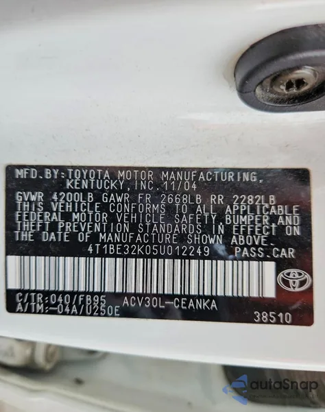 2005 Toyota Camry Le from USA, damaged, VIN 4T1BE32K05U012249